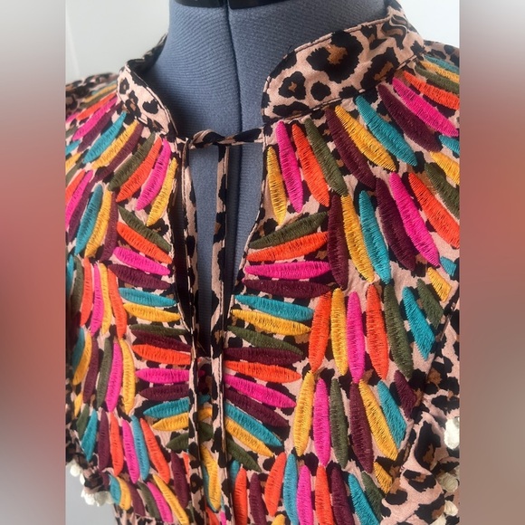 THML Boho Leopard Print Embroidered Tassel Top Sz S Ruffle Sleeve Festival Chic - Picture 7 of 16